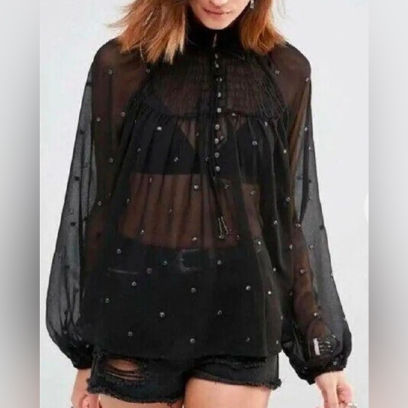Free People Ready To Run Sheer Smocked Dot Georgette Hi-Lo Top - Picture 1 of 6
